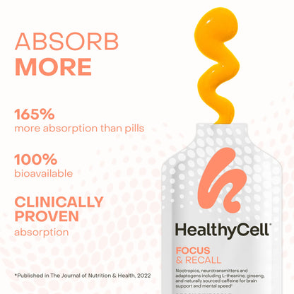 Healthycell Focus & Recall, Daily Liquid Brain Supplement for Focus & Memory - Nootropics Supplement for Concentration & Alertness with L-Theanine, Omega-3 & Taurine - 14 Gel Packs HealthycellBuy Supplements Australia