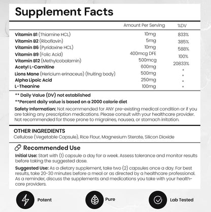 Elite Brain - Nootropic Supplement for Focus, Memory & Mental Clarity – Caffeine-Free Natural Energy with Lion’s Mane, L-Theanine & Vitamin B Complex (60 Capsules) ACEWORKZBuy Supplements Australia