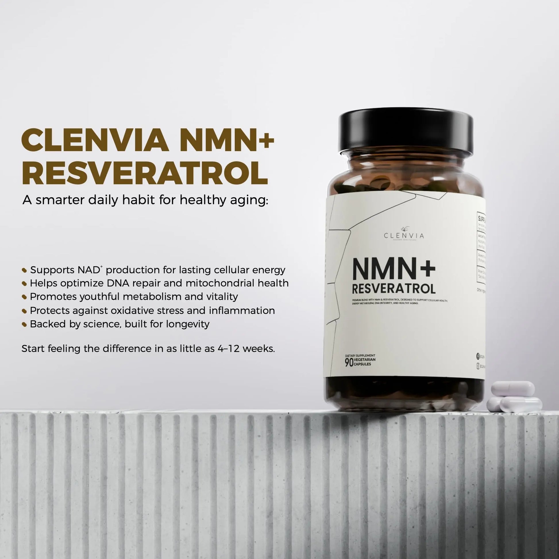 CLENVIA Premium NMN Supplement with Resveratrol – High Potency NAD+ Support Formula – >99.7% Purity – Third-Party Tested – Made in USA – 500mg Nicotinamide + 100mg Resveratrol – 90 Capsules CLENVIABuy Supplements Australia
