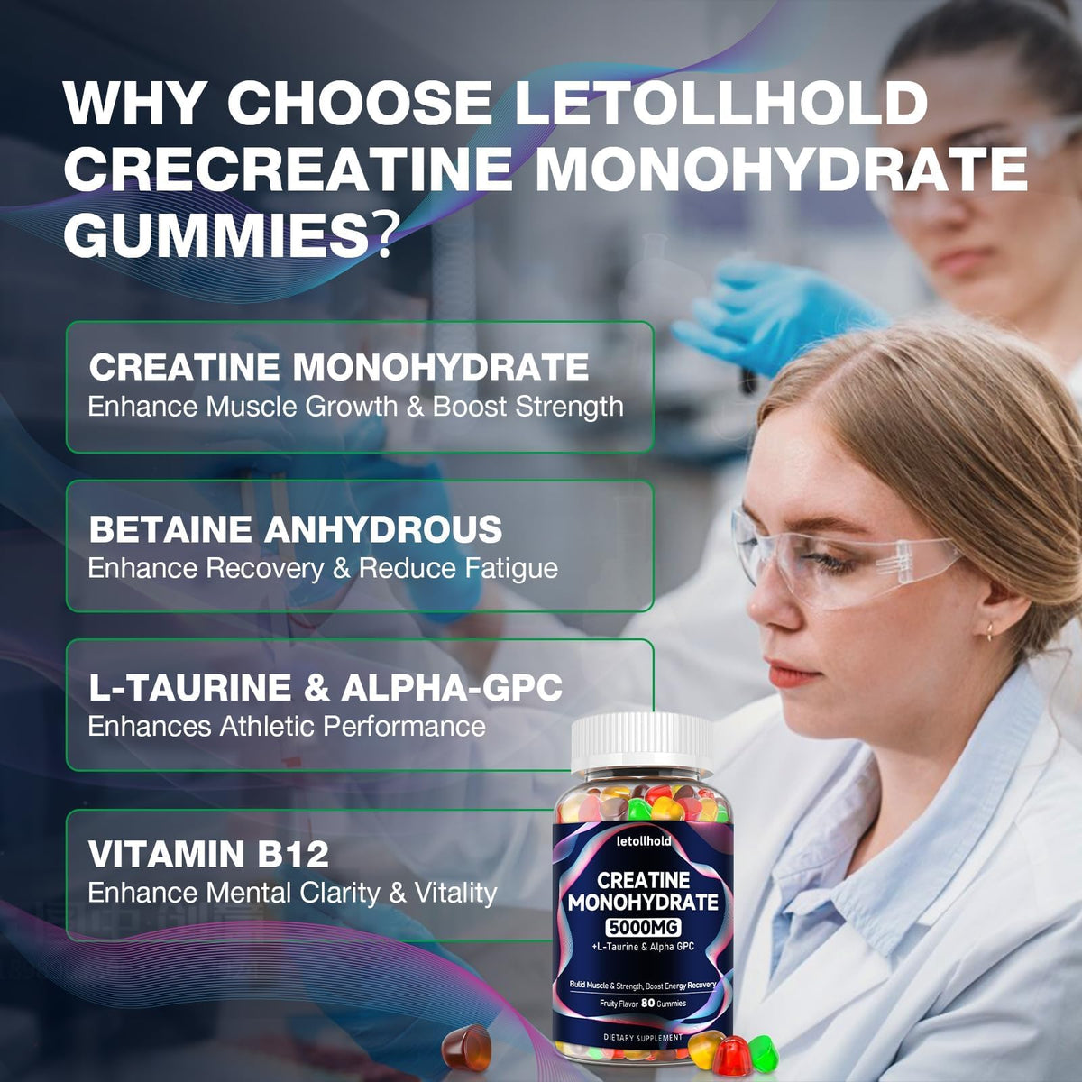 Creatine Monohydrate Gummies 5g for Women & Men - Creatine Gummies for Women Pre Workout Chewables with L-Taurine & Alpha GPC, Sugar-Free Muscle Builder, Energy Boost, Vegan Non-GMO (160 Count) letollholdBuy Supplements Australia