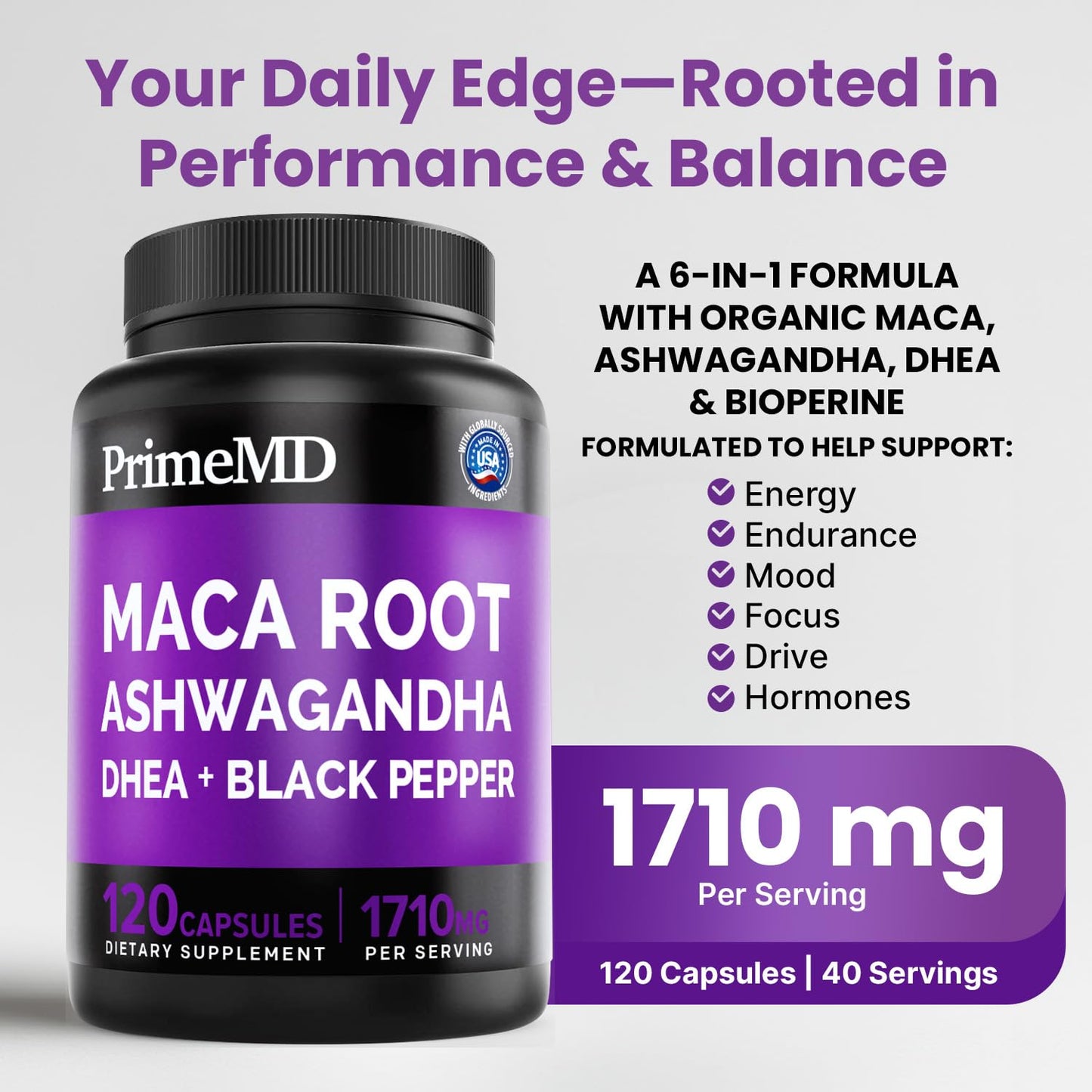 6-in-1 Organic Maca Root Ashwagandha Capsules 1710mg with DHEA and Black Pepper Fruit Extract for Women and Men - Black Maca Supplement for Stamina, Bone and Mood Support Supplement, 120ct (Pack of 3) PrimeMDBuy Supplements Australia