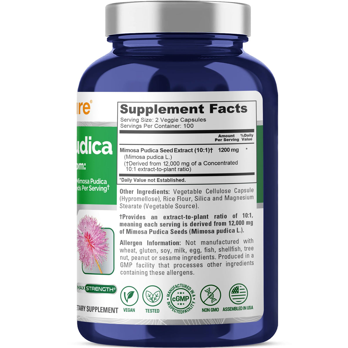 NusaPure Mimosa Pudica Seed 10:1 Extract, 1200 mg Equivalent to 12,000 mg 200 Veg Capsules (Non-GMO, Vegan) NusaPureBuy Supplements Australia