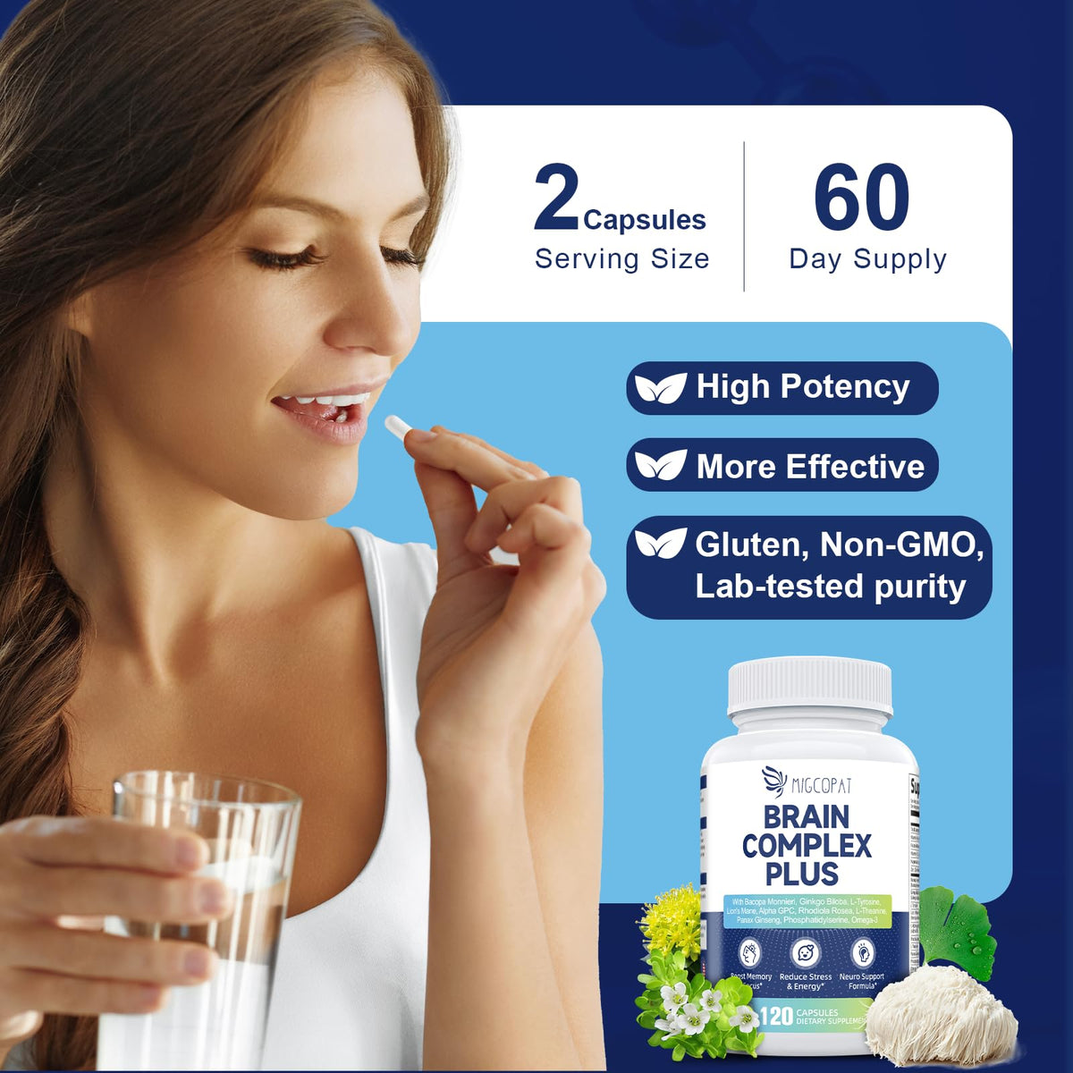 Brain Supplements for Memory & Focus - Nootropic with Bacopa Monnieri, Lion's Mane, Alpha GPC, Phosphatidylserine | Supports Mental Clarity & Cognitive Function | Vitamin B6 & B12-120 Capsules MigcopatBuy Supplements Australia
