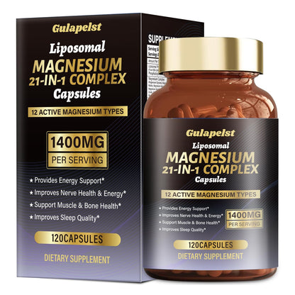 21 in 1 Liposomal 1400mg Magnesium Complex (Citrate, Glycinate, Malate etc) Capsule - 12 Active Types Magnesium with Vitamin D3, B6, B12, C, Ashwagandha & CoQ10 for Women & Men