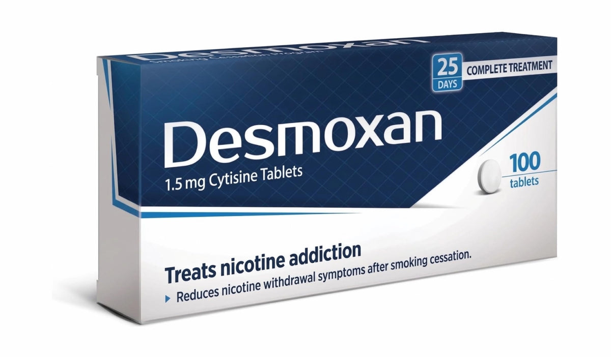 Box of Desmoxan 1.5 mg Cytisine Tablets on a white background