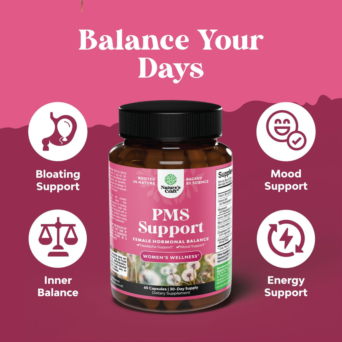 PMS Support Supplement for Women – Hormone Balance for Women & Menstrual Discomfort with DIM, Chasteberry, Black Cohosh & Ashwagandha - for Period Cramps Ease, Menopause Bloating, Mood Swing – 60 Ct Natures CraftBuy Supplements Australia