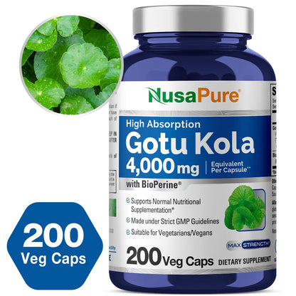 NusaPure Gotu Kola Capsules 20:1 Extract, 200 mg Equivalent to 4000mg Per Veggie Caps, 200 Count, Non-GMO, Vegan, Bioperine - Traditional Herb Extract NusaPureBuy Supplements Australia