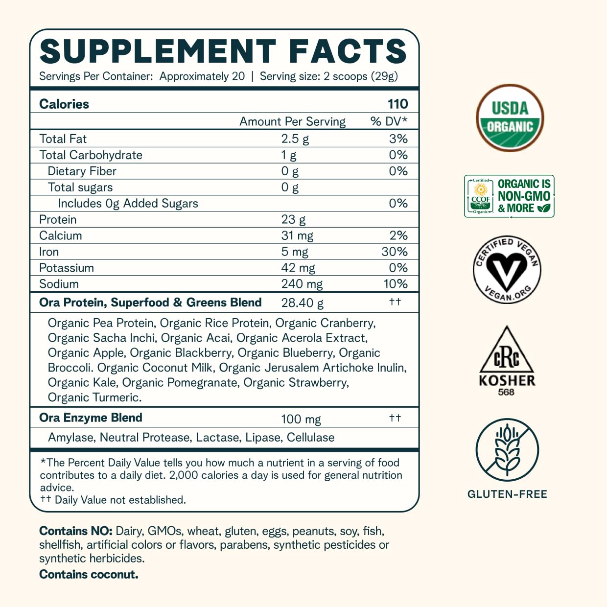 Ora Organic Vegan Protein Powder - 23g Plant Based Pea Protein Unflavored Ora OrganicBuy Supplements Australia