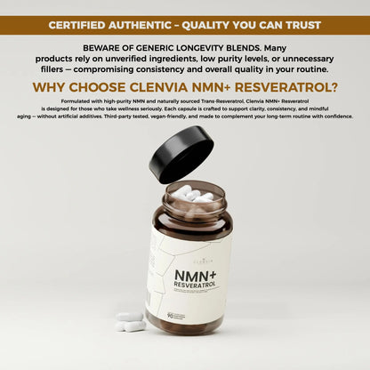 CLENVIA Premium NMN Supplement with Resveratrol – High Potency NAD+ Support Formula – >99.7% Purity – Third-Party Tested – Made in USA – 500mg Nicotinamide + 100mg Resveratrol – 90 Capsules CLENVIABuy Supplements Australia