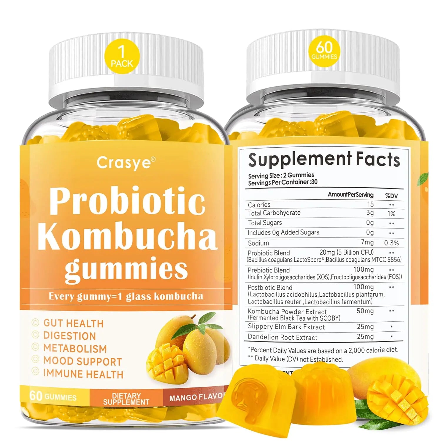 Crasye Probiotic Kombucha Gummies Sugar Free Prebiotic Postbiotic Probiotics Gummies with Slippery Elm for Women and Men Bloating Gut Health Immune and Digestive Support - 60 Gummies - 30 Servings CrasyeBuy Supplements Australia