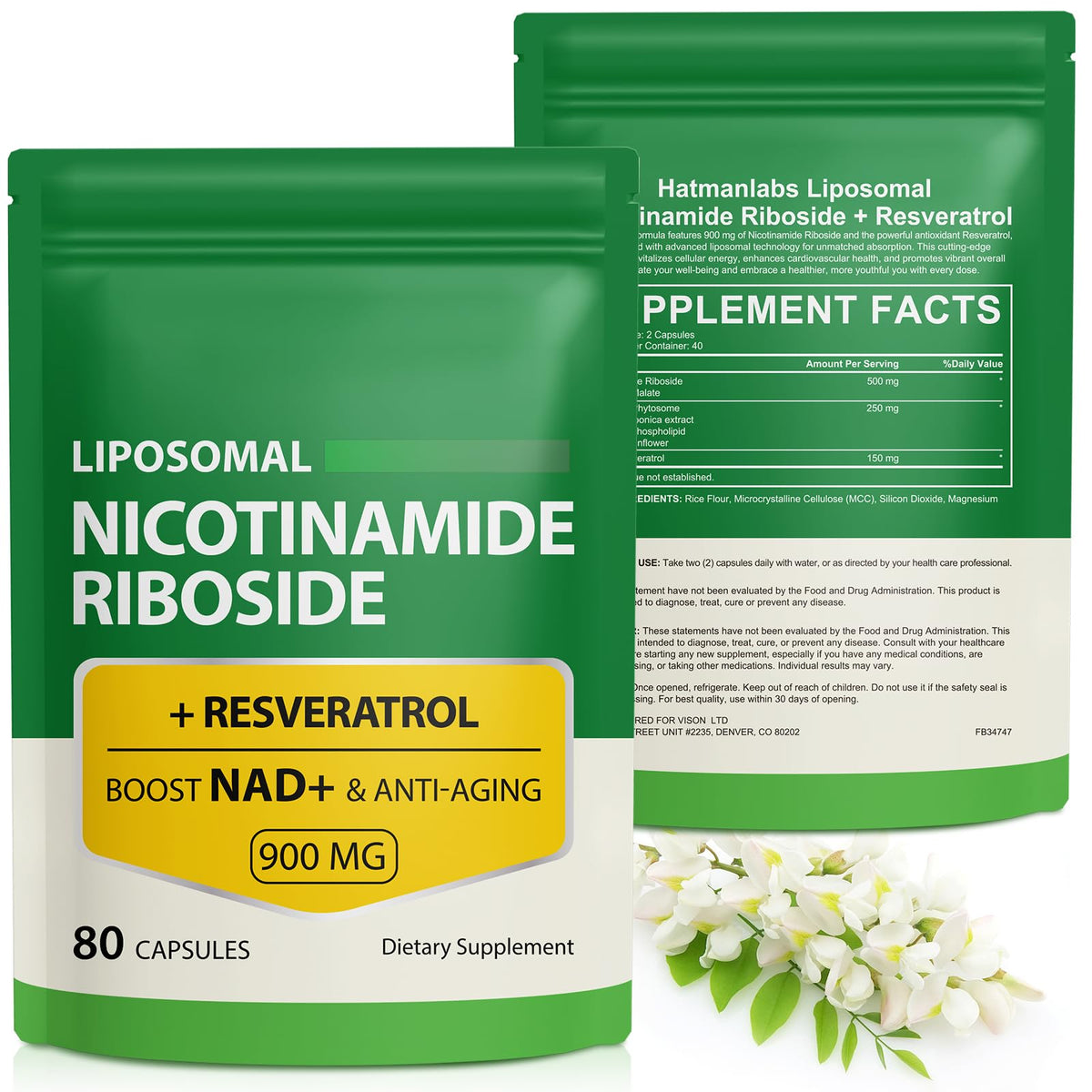 Two packages of Liposomal Nicotinamide Riboside with Resveratrol dietary supplements on a white background.