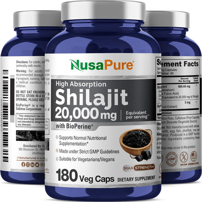 NusaPure Shilajit 20,000mg per Serving, 180 Veggie Caps, Non-GMO, Gluten Free, Bioperine NusaPureBuy Supplements Australia