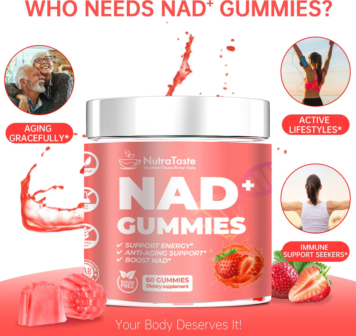 NUTRATASTE HEALTHIER CHOICE RICHER TASTE NAD⁺ Gummies Supplement for Anti-Aging, Energy & Focus Boost | Resveratrol, Nicotinamide Riboside | Strawberry Flavor, Vegan, Sugar-Free,60 Count (Pack of 1) NUTRATASTE HEALTHIER CHOICE RICHER TASTEBuy Supplements Australia