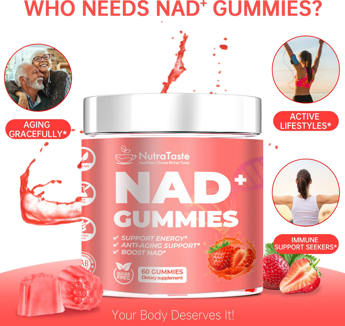 NUTRATASTE HEALTHIER CHOICE RICHER TASTE NAD⁺ Gummies Supplement for Anti-Aging, Energy & Focus Boost | Resveratrol, Nicotinamide Riboside | Strawberry Flavor, Vegan, Sugar-Free,60 Count (Pack of 1) NUTRATASTE HEALTHIER CHOICE RICHER TASTEBuy Supplements Australia
