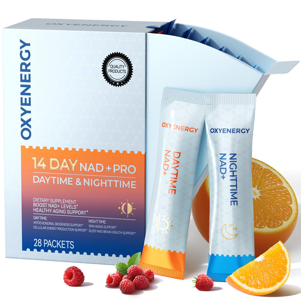 OXYENERGY supplement package with Daytime and Nighttime packets, oranges, and raspberries on a white background.