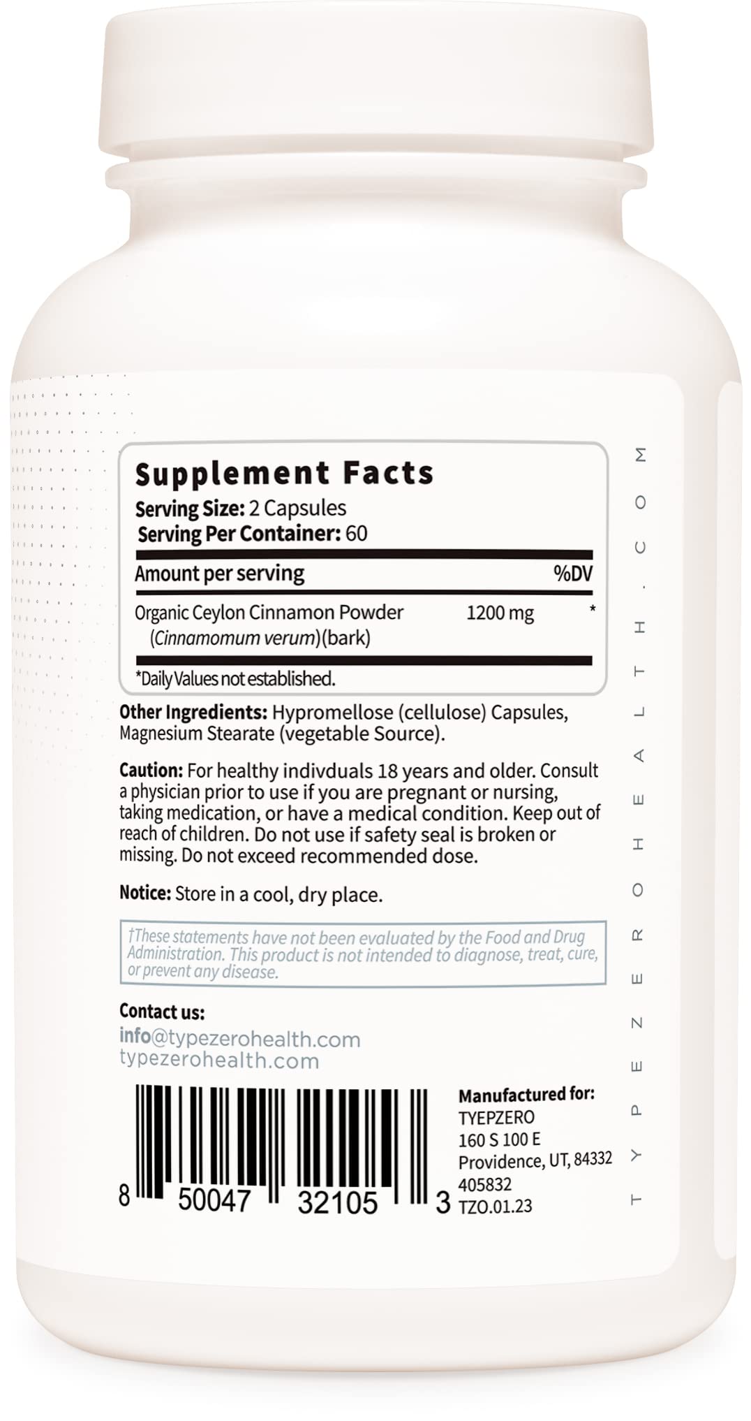 Type Zero Ceylon Cinnamon Capsules (1200mg | 120 Capsules) - Natural, Non-GMO, Gluten Free, Organic Cinnamon Bark Supplement Type ZeroBuy Supplements Australia