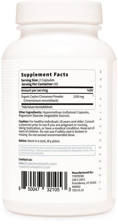 Type Zero Ceylon Cinnamon Capsules (1200mg | 120 Capsules) - Natural, Non-GMO, Gluten Free, Organic Cinnamon Bark Supplement Type ZeroBuy Supplements Australia