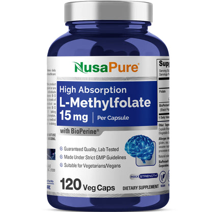 NusaPure L Methylfolate 15mg, 120 Veggie Capsules, Bioperine & Vegan NusaPureBuy Supplements Australia