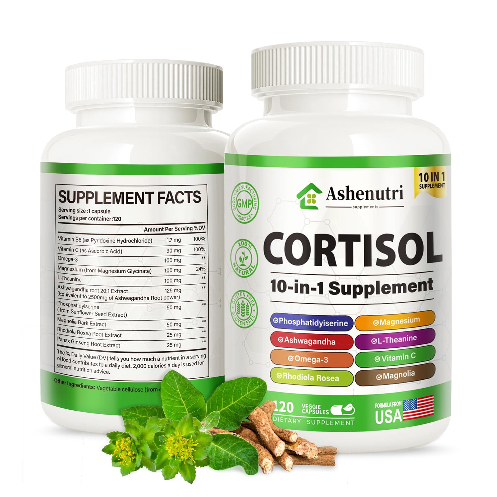 Ashenutri 10-in-1 Cortisol Supplement with Magnesium,Ashwagandha,Rhodiola Rosea,L Theanine,Hormone Balance for Women 120 Vegan Capsules AshenutriBuy Supplements Australia
