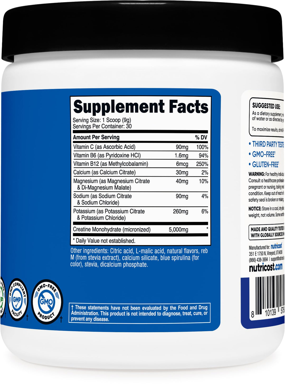 Nutricost Creatine Monohydrate + Hydration Blue Raspberry Flavored (30 Servings) - 7 Vitamins & Minerals, 5000mg of Creatine Per Serving NutricostBuy Supplements Australia