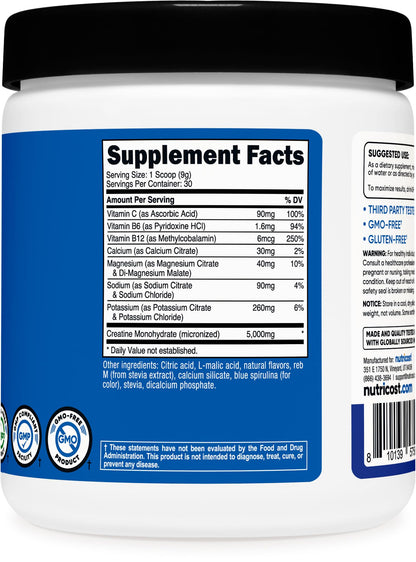 Nutricost Creatine Monohydrate + Hydration Blue Raspberry Flavored (30 Servings) - 7 Vitamins & Minerals, 5000mg of Creatine Per Serving NutricostBuy Supplements Australia