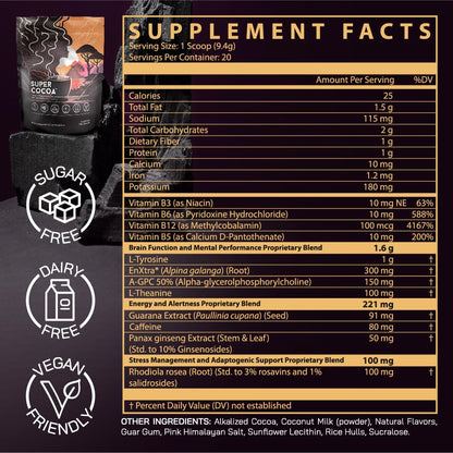 Super Cocoa Coffee Alternative Hot Chocolate Mix - Nootropics Brain Support Supplement for Memory & Focus - Mushroom Coffee Substitute - Dairy Free, Sugar Free,