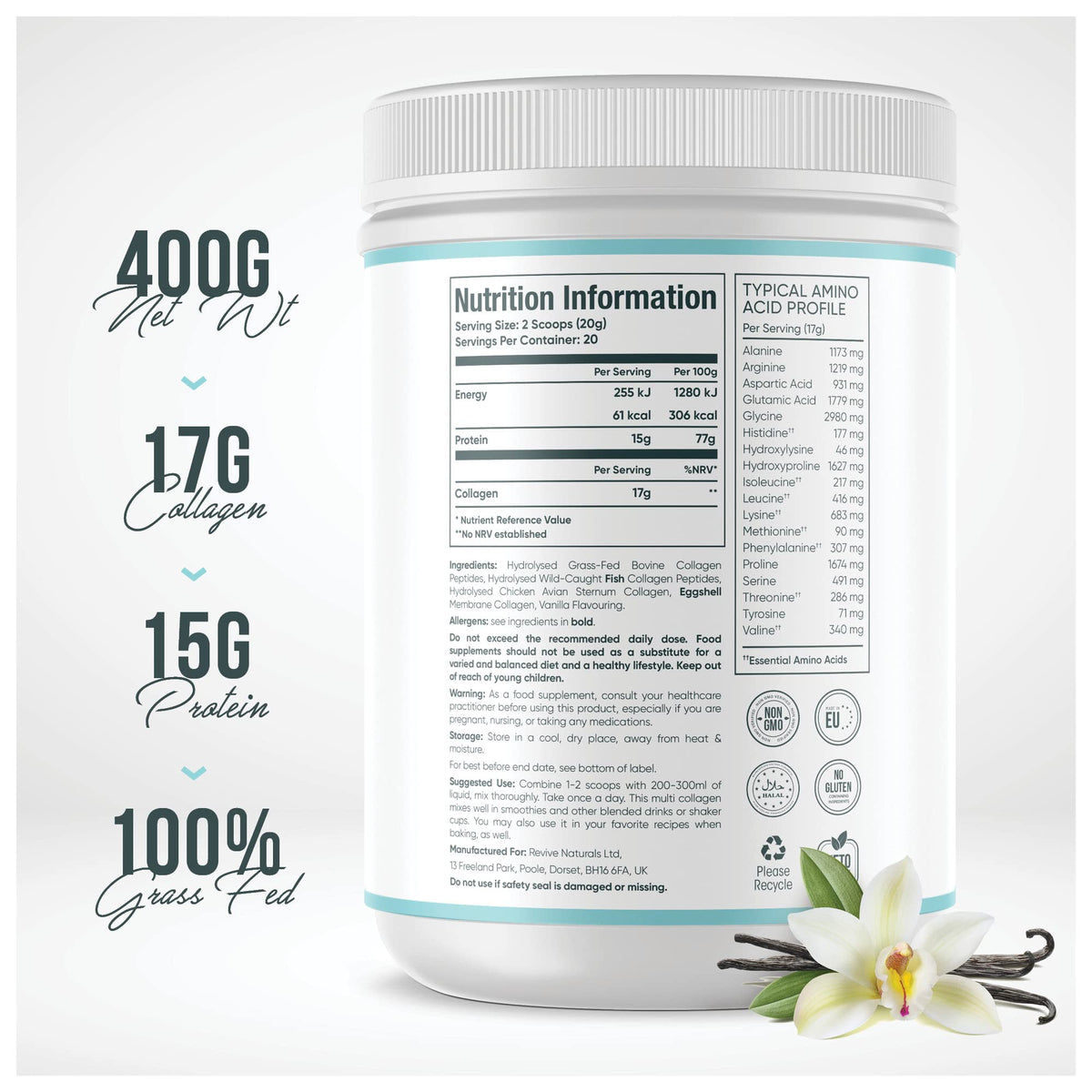 Vanilla Multi Collagen Protein Powder - 400g - Unsweetened - 5 Types of Collagen Peptides Revive NaturalsBuy Supplements Australia