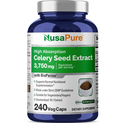 NusaPure Celery Seed Capsules 10:1 Extract, 375 mg Equivalent to 3750mg, 240 Veggie Caps, Non-GMO, Vegan NusaPureBuy Supplements Australia