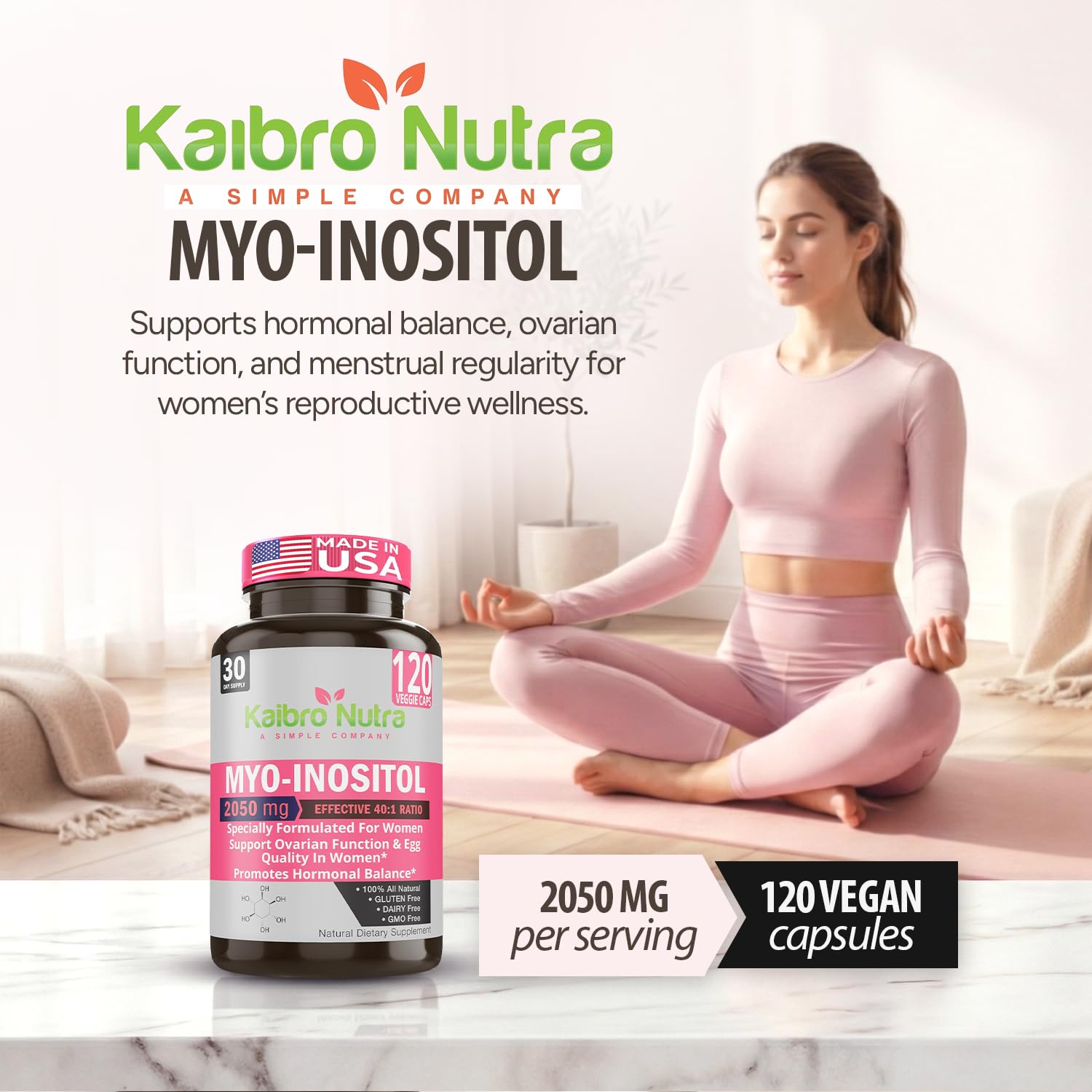 Kaibro Nutra Myo-Inositol Supplement, Myo-Inositol & D-Chiro Inositol 40:1 Ratio, Hormone Balance & Ovarian Support for Women with Vitamin B8, 2050mg, Vegan, Non-GMO Capsules 120 Count Kaibro NutraBuy Supplements Australia