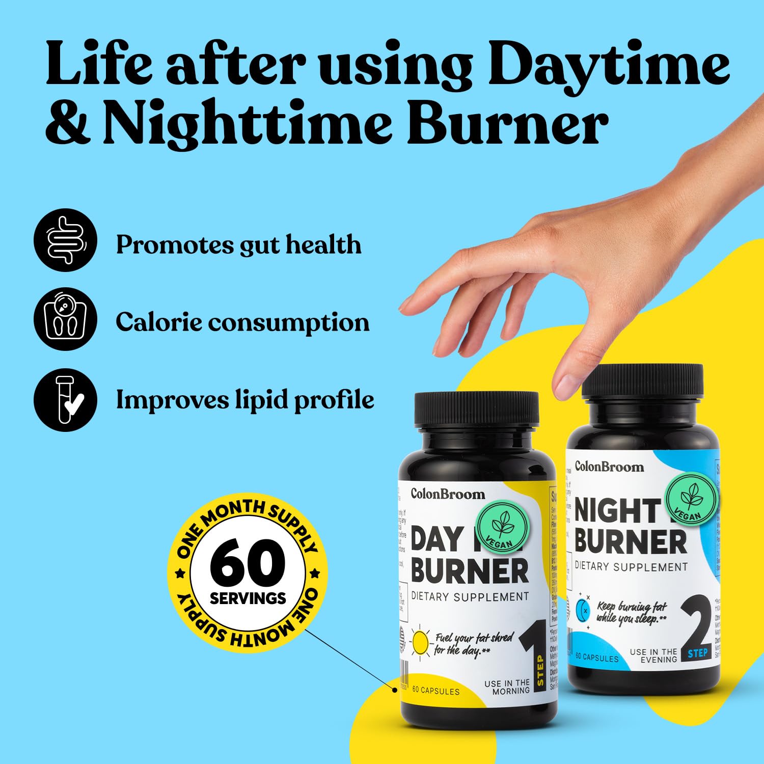 ColonBroom Psyllium Husk Powder, Colon Broom Colon Cleanser Fiber Supplement for Bloating Relief & Gut Health + Day & Night Burner Supplements, Weight Management Pills (60 & 50 Servings), 3 Items ColonBroomBuy Supplements Australia