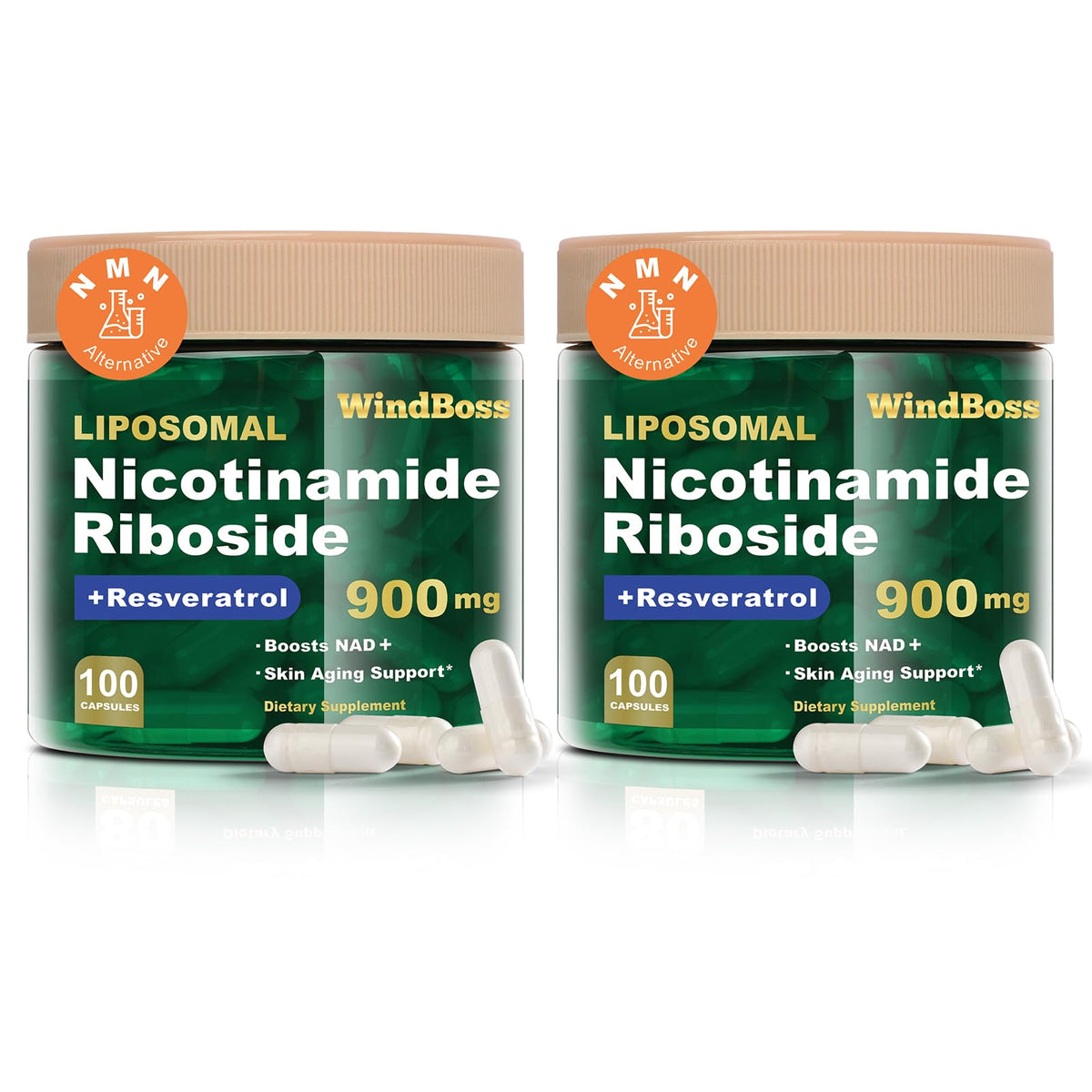 Two jars of WindBoss LIPOSOMAL Nicotinamide Riboside + Resveratrol 900 mg dietary supplements on a white background.