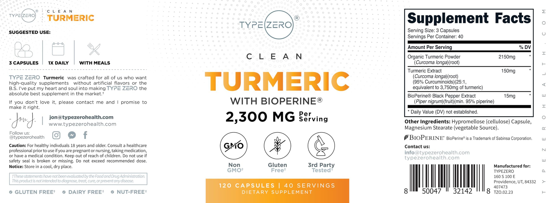 Type Zero Turmeric with Bioperine (120 Capsules) (2300mg per Serving) - GMO Free, Gluten Free, 3rd Party Tested Type ZeroBuy Supplements Australia