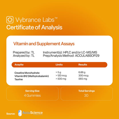 VYBRANCE LABS Creapure Creatine Gummies 5g + Taurine & B12 - Sugar-Free, Vegan, Gluten-Free - Citrus Mango - 120 Count (30 Servings) for Strength, Energy & Focus VYBRANCE LABSBuy Supplements Australia