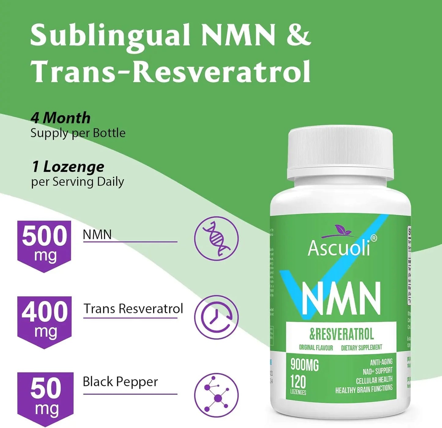 Sublingual NMN 500mg + Trans-Resveratrol 400mg, 3-in-1 Advanced Formula 99% Pure NMN Resveratrol Supplement for Boost* NAD, Cell, Immune, Energy & Muscle, Anti-Aging, 120 Lozenges, 120-Day Supply AscuoliBuy Supplements Australia