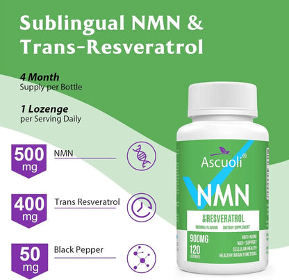Sublingual NMN 500mg + Trans-Resveratrol 400mg, 3-in-1 Advanced Formula 99% Pure NMN Resveratrol Supplement for Boost* NAD, Cell, Immune, Energy & Muscle, Anti-Aging, 120 Lozenges, 120-Day Supply AscuoliBuy Supplements Australia