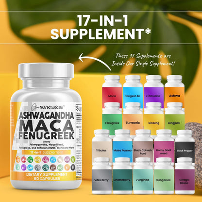 Clean Nutraceuticals Ashwagandha Maca Root Fenugreek Supplement with Tongkat Ali Ginseng - Assists with Stress, Mood & Thyroid - Ashwagandha Capsules Fenugreek Caps - 1 Pack Clean NutraceuticalsBuy Supplements Australia
