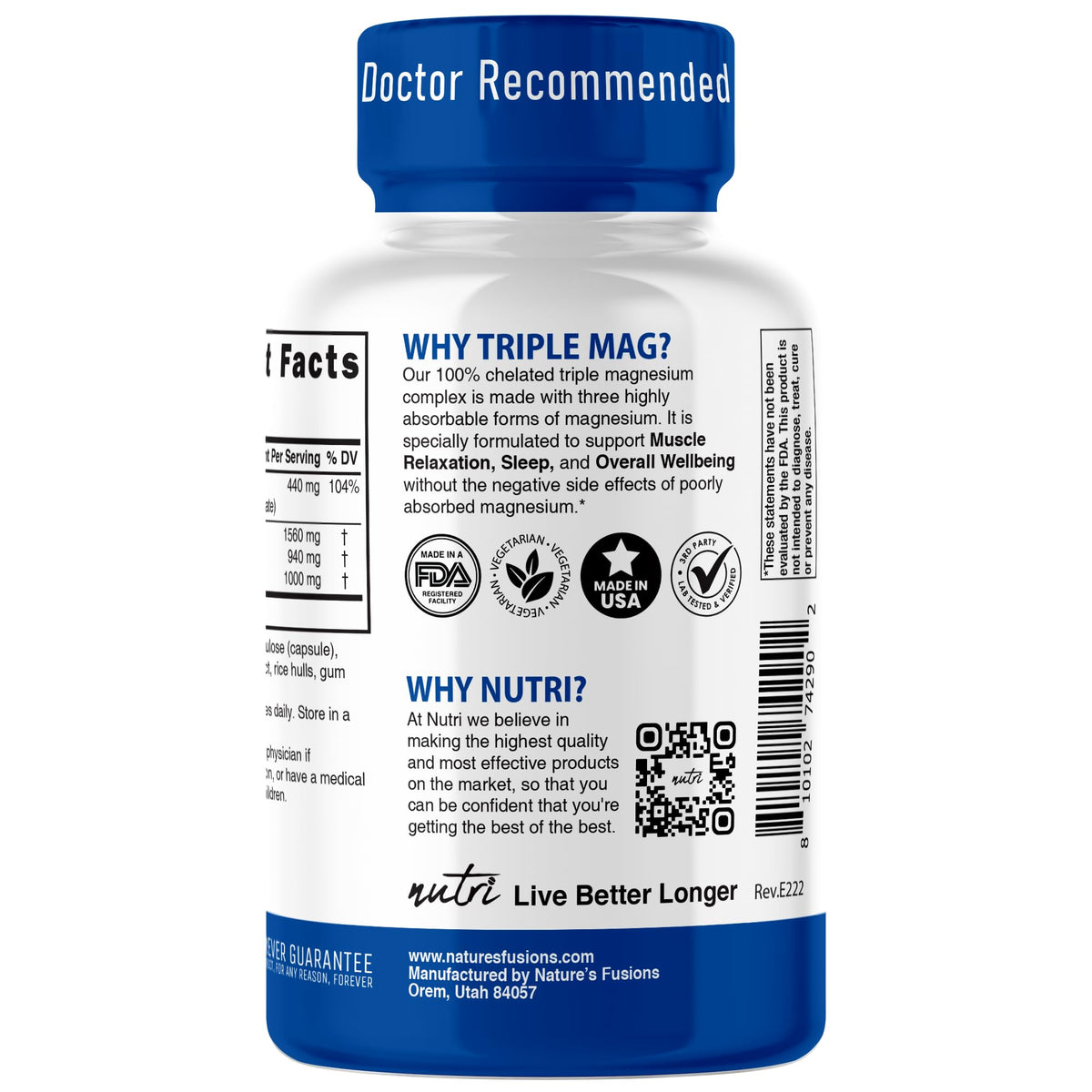 Nutri Triple Magnesium Complex 440mg - Magnesium Glycinate, Malate, & Taurinate - 100% Chelated for Maximum Absorption - 120 Vegan Capsules - Triple Complex Magnesium - Magnesio Triple Complex Nature's Fusions buy supplements Au