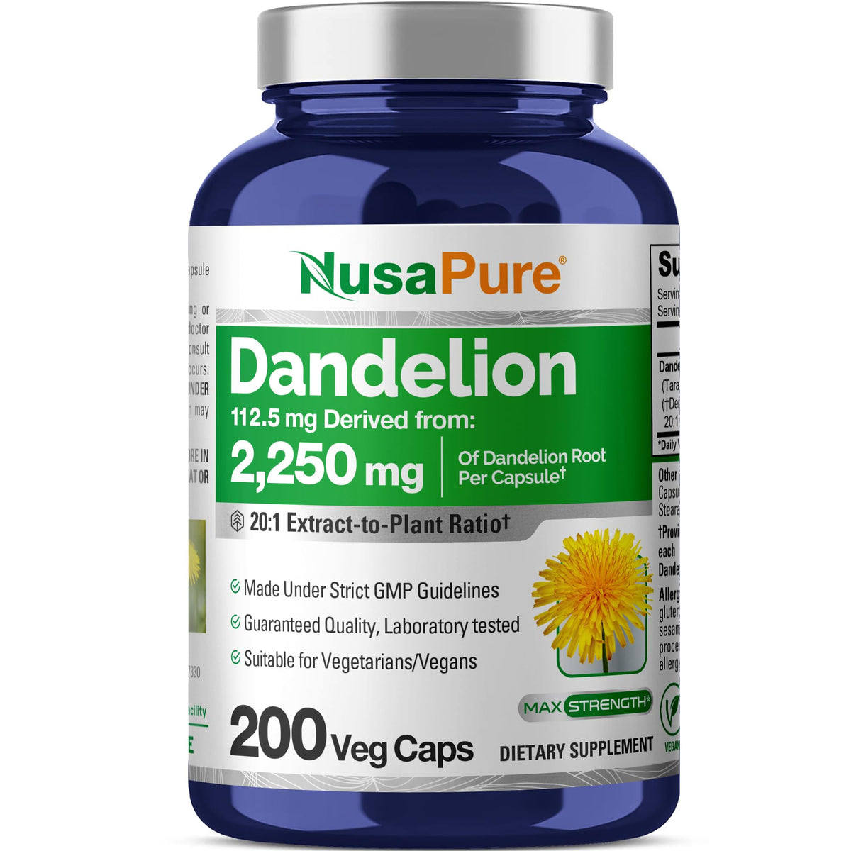 NusaPure Dandelion Root 20:1 Extract, 112.5 mg Equivalent to 2,250 mg 200 Veggie Capsules (Non-GMO, Vegan) NusaPureBuy Supplements Australia
