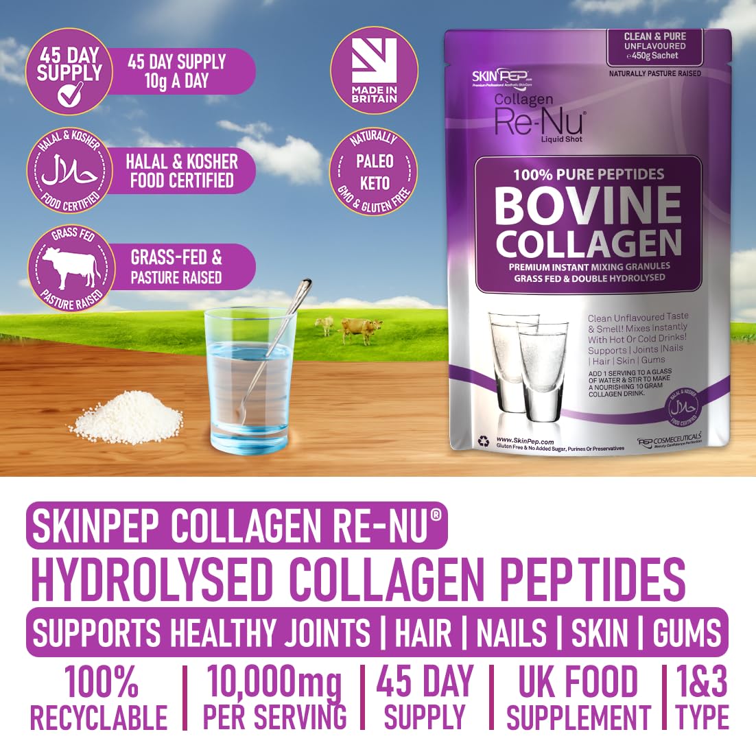 Collagen Powder, Ultra Premium Hydrolysed Bovine Collagen Peptides by SkinPep Skin PepBuy Supplements Australia