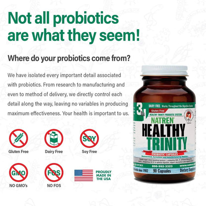 Natren Healthy Trinity Probiotics Supplement - 90 Dairy and Gluten Free Gel Capsules - Improve Gut and Digestive Health, 30 Billion CFU - Lactobacillus Acidophilus, Bifidobacterium, Bulgaricus Natren buy supplements Au