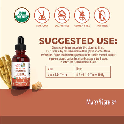 MaryRuth Organics Ashwagandha Root | USDA Organic Ashwagandha Liquid Drops | Stress Relief, Natural Calm, Relaxation and Mood Support Supplement | Adaptogenic | Nervine | Vegan | Non-GMO | 60 Servings MARYRUTH'SBuy Supplements Australia