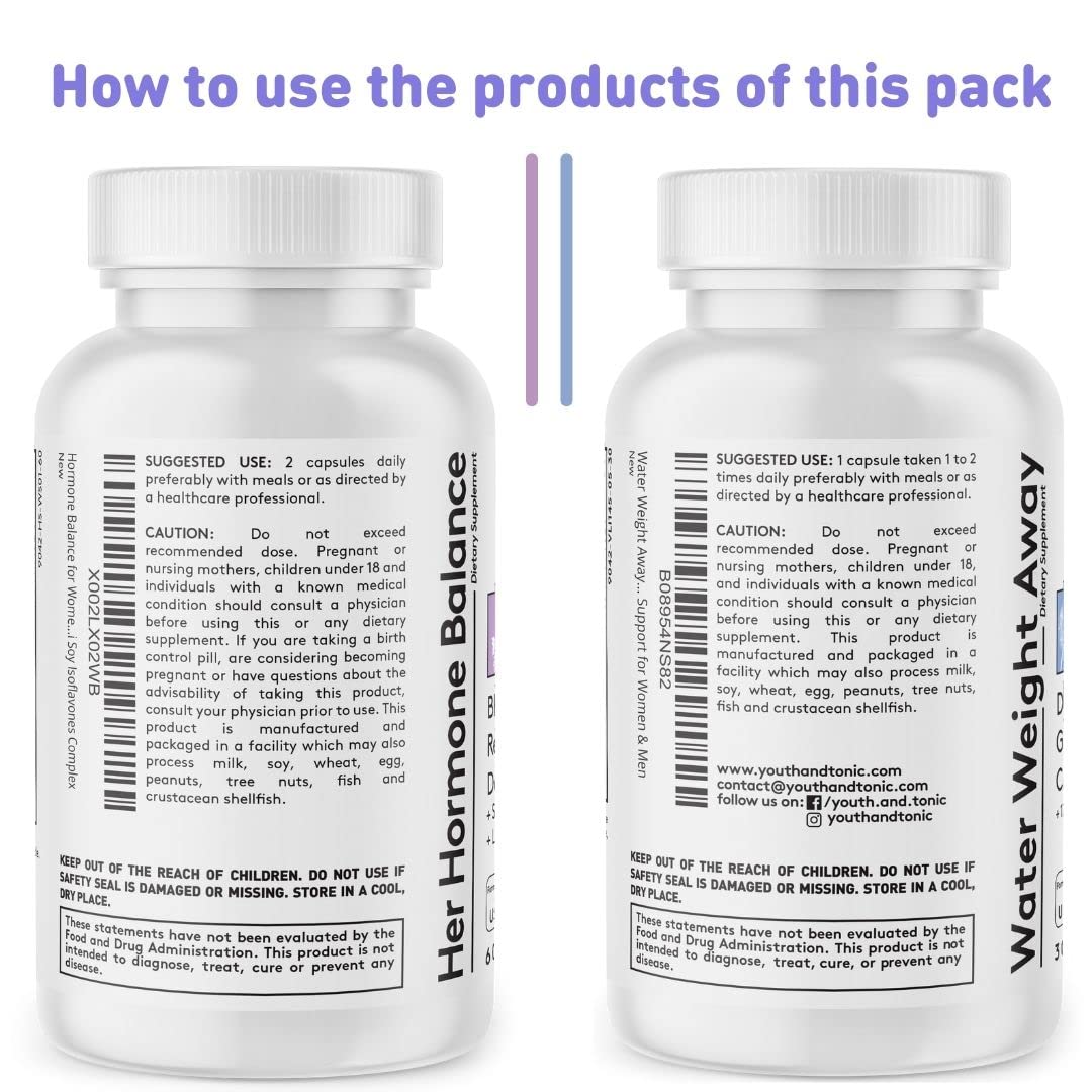Youth & Tonic PMS & Menopause Bloating Relief Duo – Support for Puffiness, Hormonal Balance & Fluid Retention – Her Hormone Balance + Water Weight Away Natural Herbs for Women, 90 Capsules Youth & TonicBuy Supplements Australia