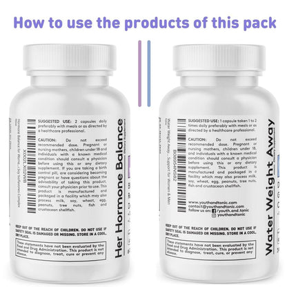Youth & Tonic PMS & Menopause Bloating Relief Duo – Support for Puffiness, Hormonal Balance & Fluid Retention – Her Hormone Balance + Water Weight Away Natural Herbs for Women, 90 Capsules Youth & TonicBuy Supplements Australia