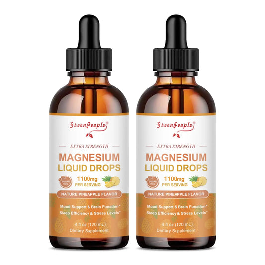 Two bottles of Green People magnesium liquid drops on a white background