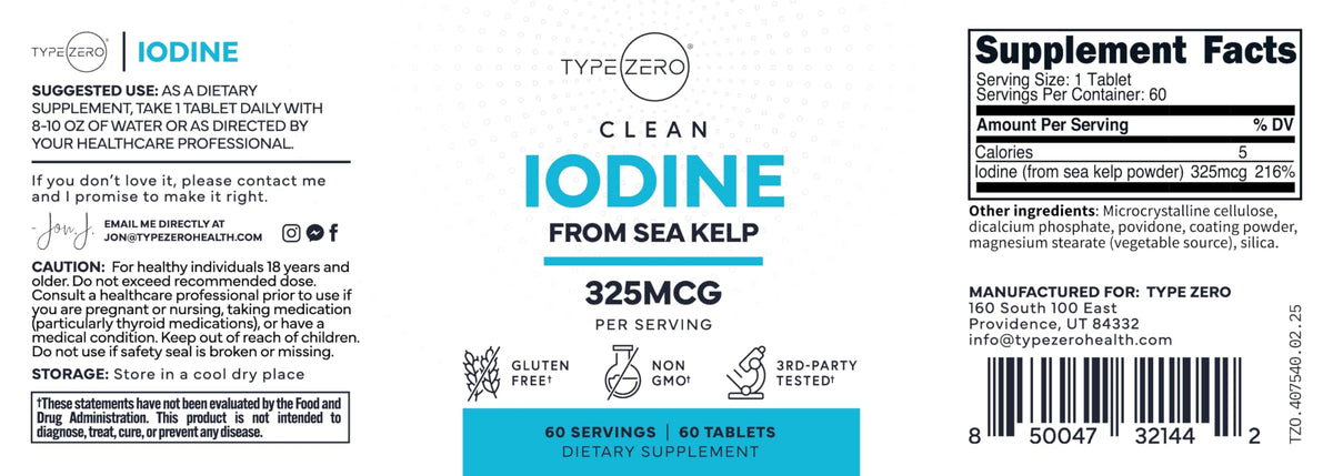 Type Zero Clean Iodine Tablets (60 Servings, 325 MCG Per Serving) - from Sea Kelp, Non-GMO, Gluten Free Type ZeroBuy Supplements Australia
