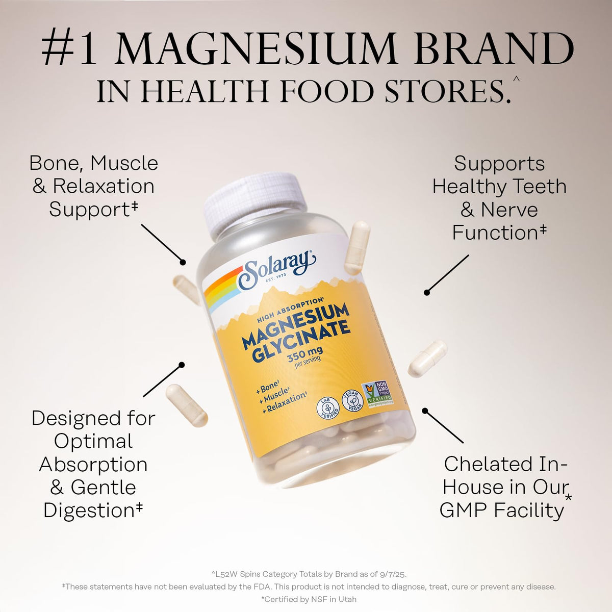 SOLARAY Magnesium Glycinate Capsules, Chelated Magnesium Bisglycinate w/BioPerine, Higher Absorption Magnesium Supplement - Bones, Muscles,
