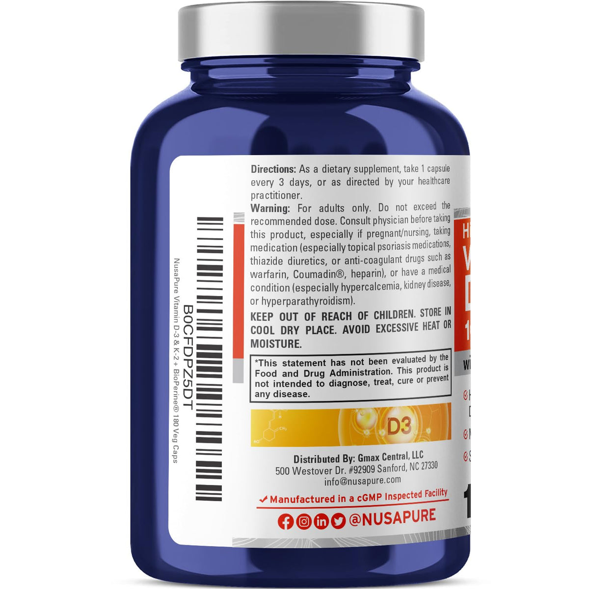 NusaPure Vitamin K2 (MK7) (200mcg) + Vitamin D3 (10000 IU) 180 Veg Caps - Bioperine, Soyfree, Non-GMO NusaPureBuy Supplements Australia