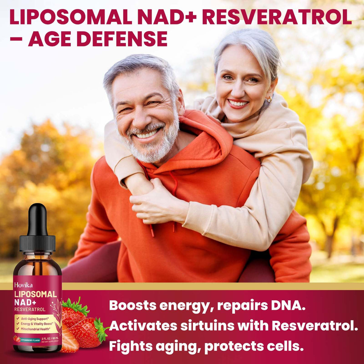 Liposomal NAD Supplement - 1200mg NAD+ Liquid Drops for Women & Men with Resveratrol, Black Pepper Extract - Support Anti-Aging, Brain & Cellular Mitochondrial Health - 2 Fl Oz, Strawberry Flavor HovikaBuy Supplements Australia