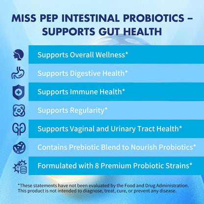 MISS PEP Probiotics 50 Billion CFU - 8 Unique Strains + 3 Prebiotics - Immune, Digestive & Gut Health - Supports Occasional Constipation, Diarrhea, Gas & Bloating - Probiotics for Women & Men - 30ct MISS PEPBuy Supplements Australia