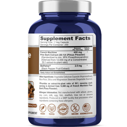 NusaPure French Maritime Pine Bark 30:1 Extract, 400 mg Equivalent to 12,000 mg Per Veggie Caps 200-Day Supply, Bioperine (Non-GMO & Vegan) NusaPureBuy Supplements Australia